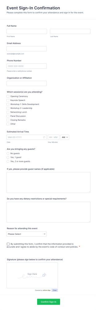 Event Sign In Confirmation Form Template