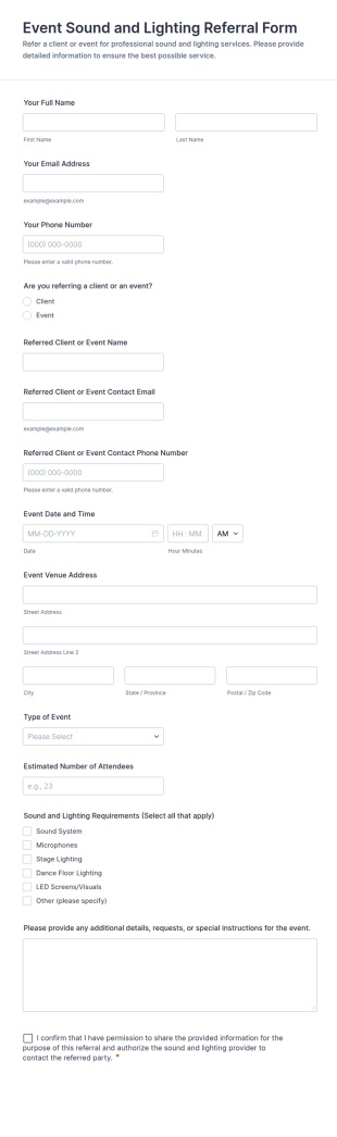 Event Sound And Lighting Referral Form Template