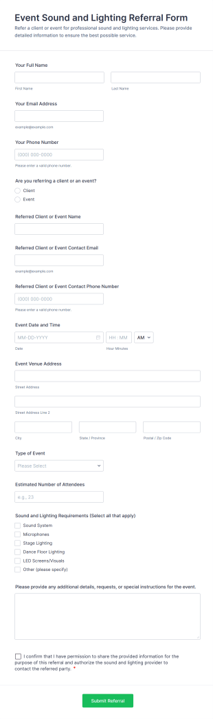 Event Sound And Lighting Referral Form Template