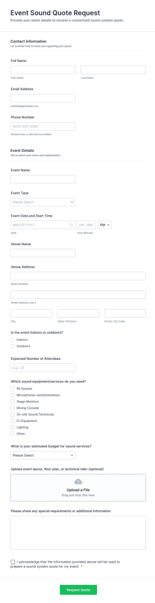 Event Sound Quote Request Form Template
