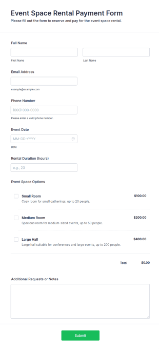 Event Space Rental Payment Form Template