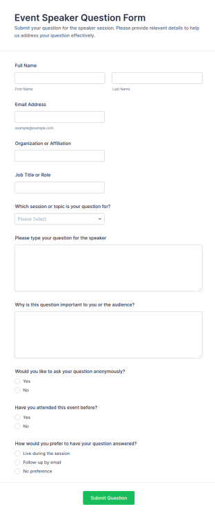 Event Speaker Question Form Template