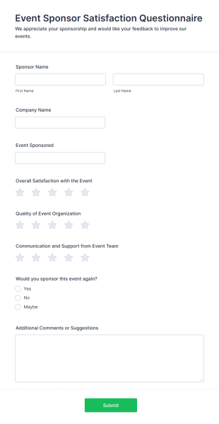 Event Sponsor Satisfaction Questionnaire Form Template