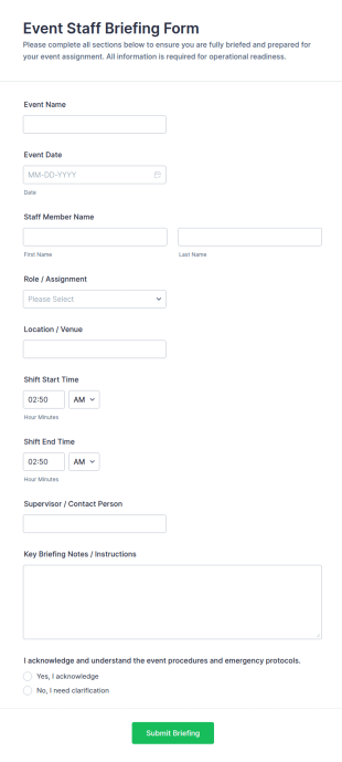 Event Staff Briefing Form Template