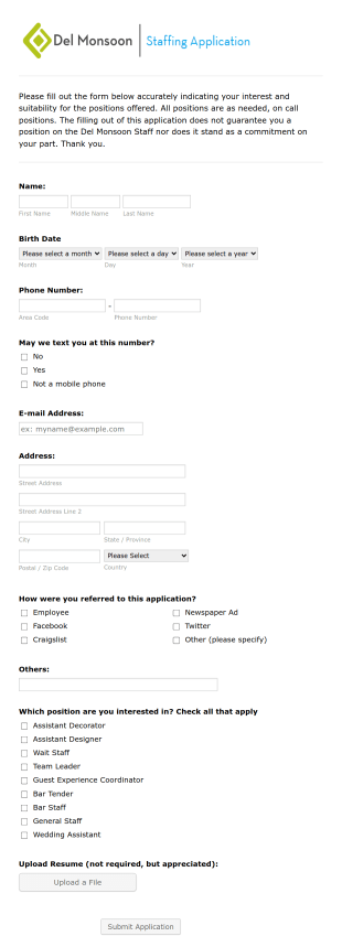 Staff Application Form Template