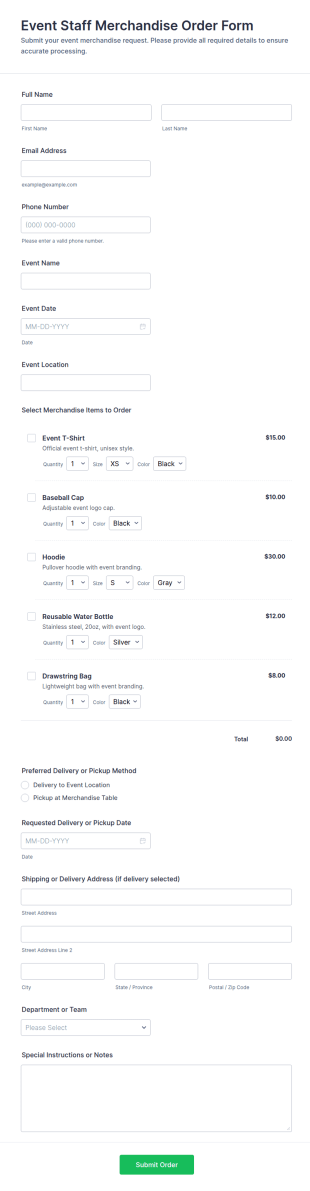 Event Staff Merchandise Order Form Template