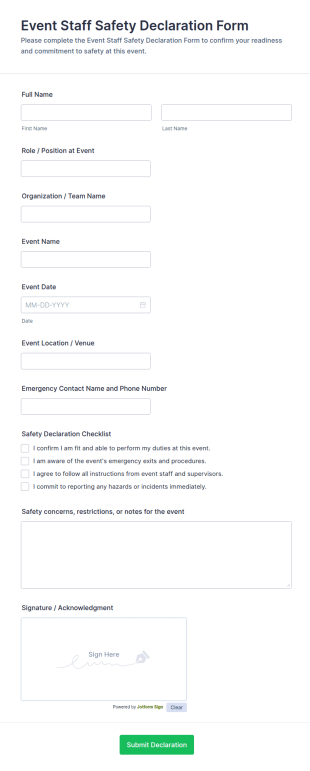 Event Staff Safety Declaration Form Template