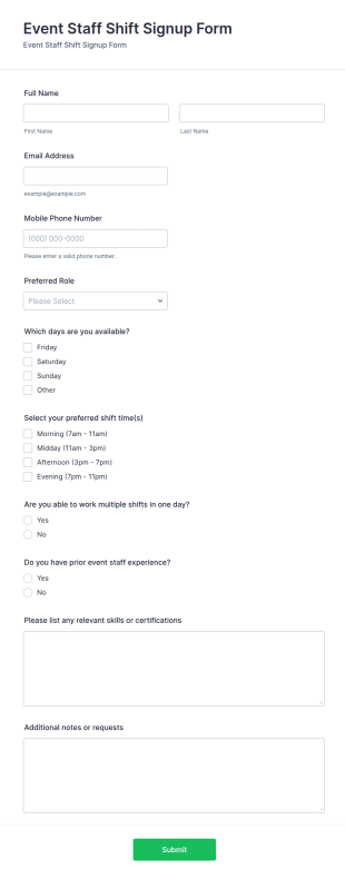 Event Staff Shift Signup Form Template