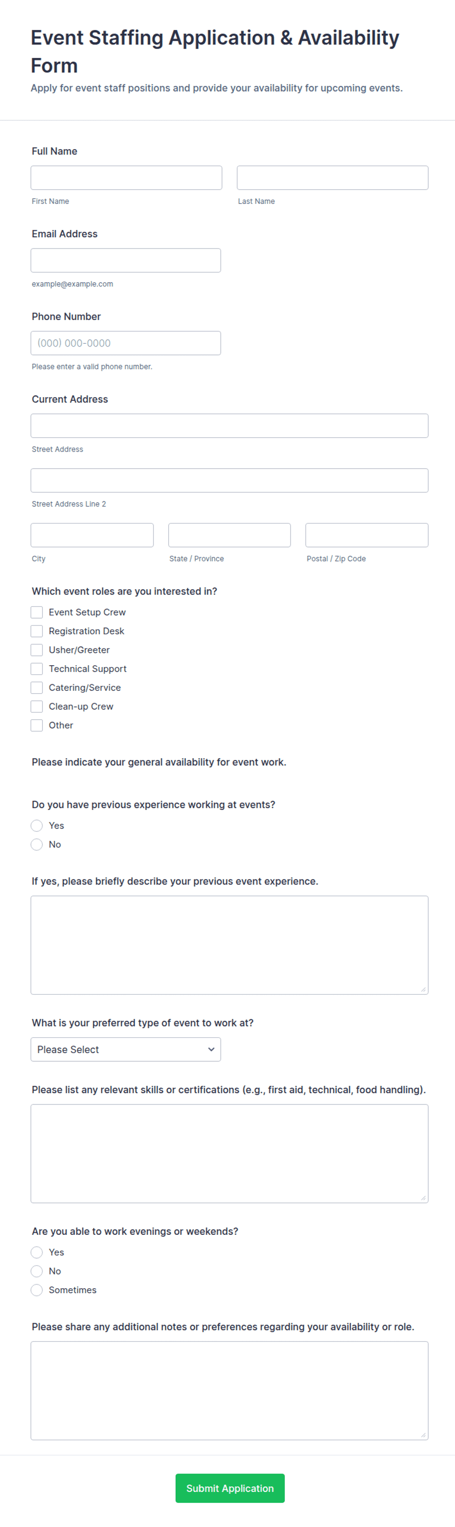 Event Staffing Application & Availability Form Template | Jotform