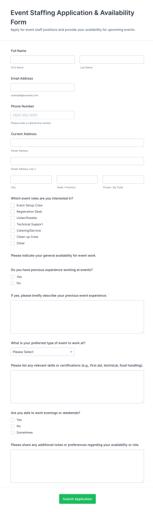 Event Staffing Application & Availability Form Template