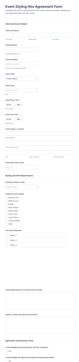 Event Styling Hire Agreement Form Template