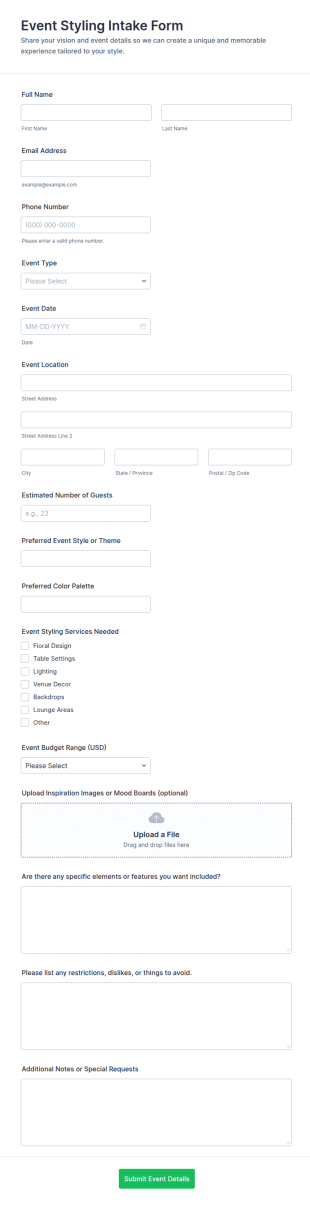 Event Styling Intake Form Template