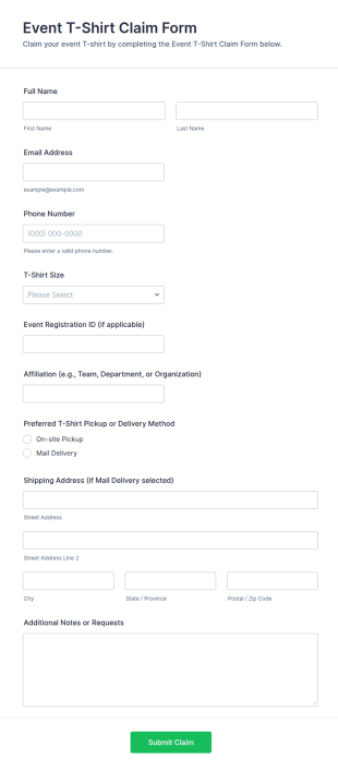 Event T Shirt Claim Form Template