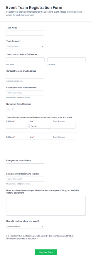Event Team Registration Form Template