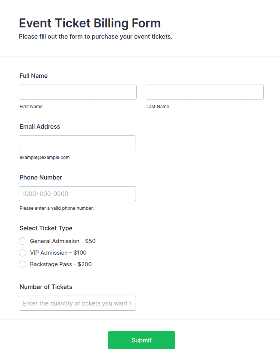 Event Billing Example Event Ticket Billing Form Template | Jotform