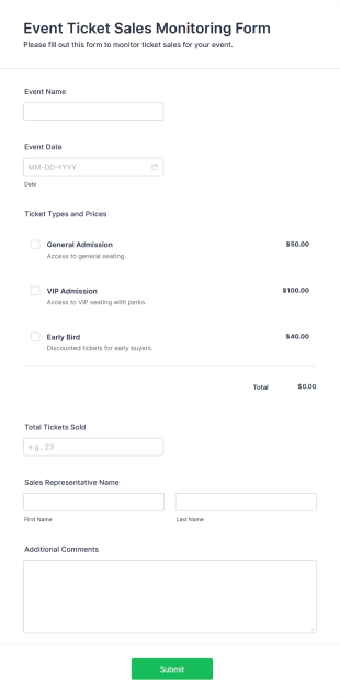 Event Ticket Sales Monitoring Form Template