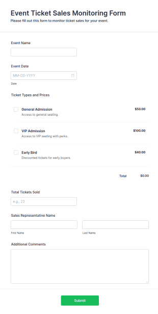 Event Ticket Sales Monitoring Form Template