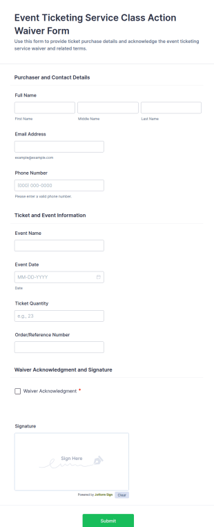 Event Ticketing Service Class Action Waiver Form Template