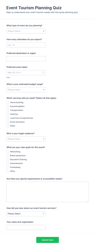 Event Tourism Planning Quiz Form Template