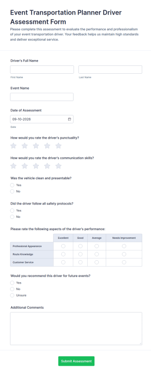 Event Transportation Planner Driver Assessment Form Template