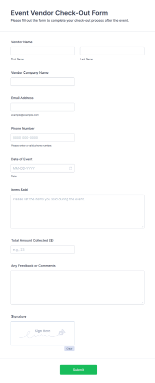Event Vendor Check Out Form Template