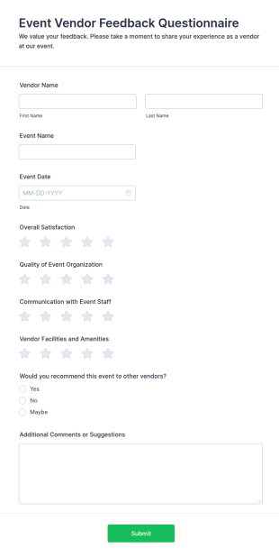 Event Vendor Feedback Questionnaire Form Template
