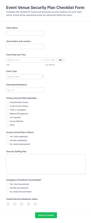 Event Venue Security Plan Checklist Form Template