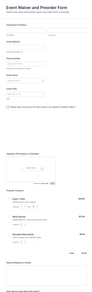 Event Waiver And Preorder Form Template