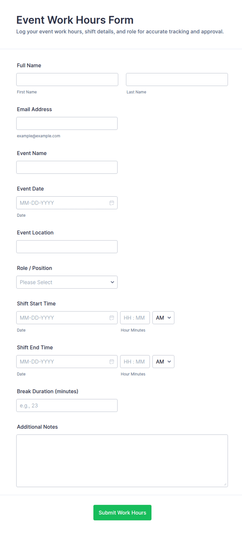 Event Work Hours Form Template | Jotform