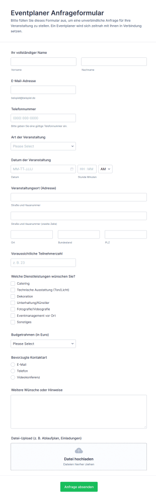 Eventplaner Anfrageformular