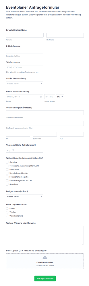 Eventplaner Anfrageformular