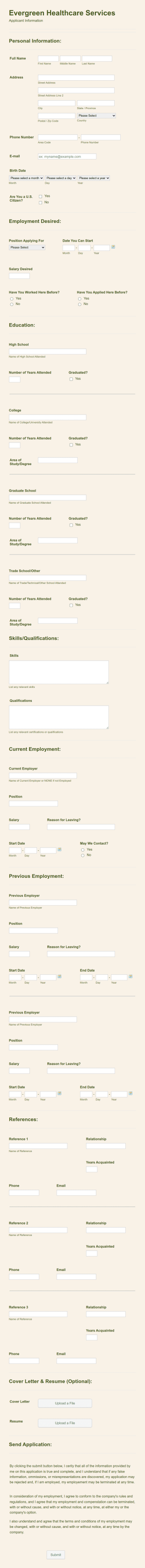 Evergreen Healthcare Services Application Form Template