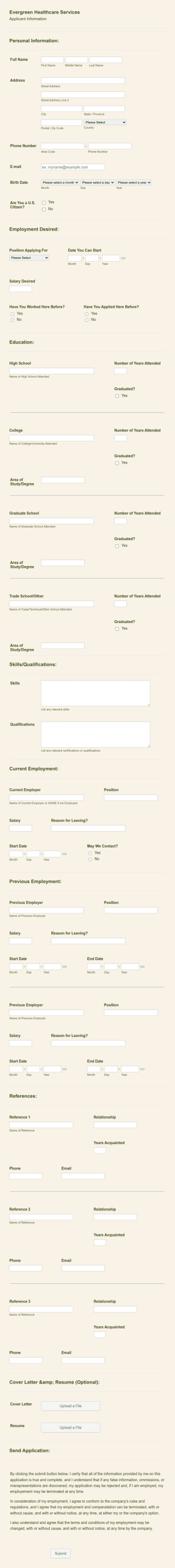 Evergreen Healthcare Services Application Form Template