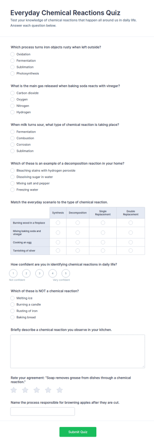 Everyday Chemical Reactions Quiz Form Template