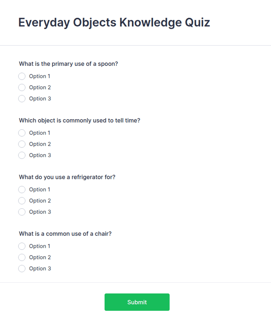 Object Knowledge Frmework Everyday Objects Knowledge Quiz Form Template | Jotform