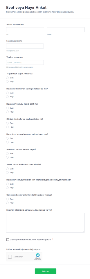 Evet Veya Hayır Anketi Form Şablonu