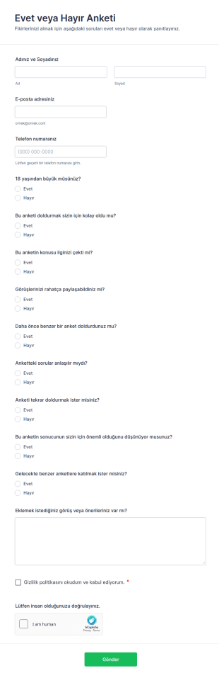 Evet Veya Hayır Anketi Form Şablonu