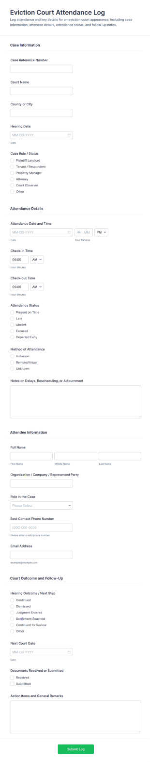 Eviction Court Attendance Log Form Template