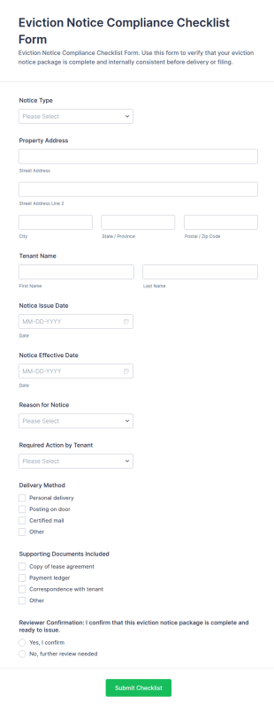 Eviction Notice Compliance Checklist Form Template