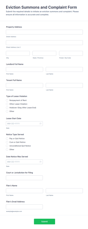 Eviction Summons And Complaint Form Template