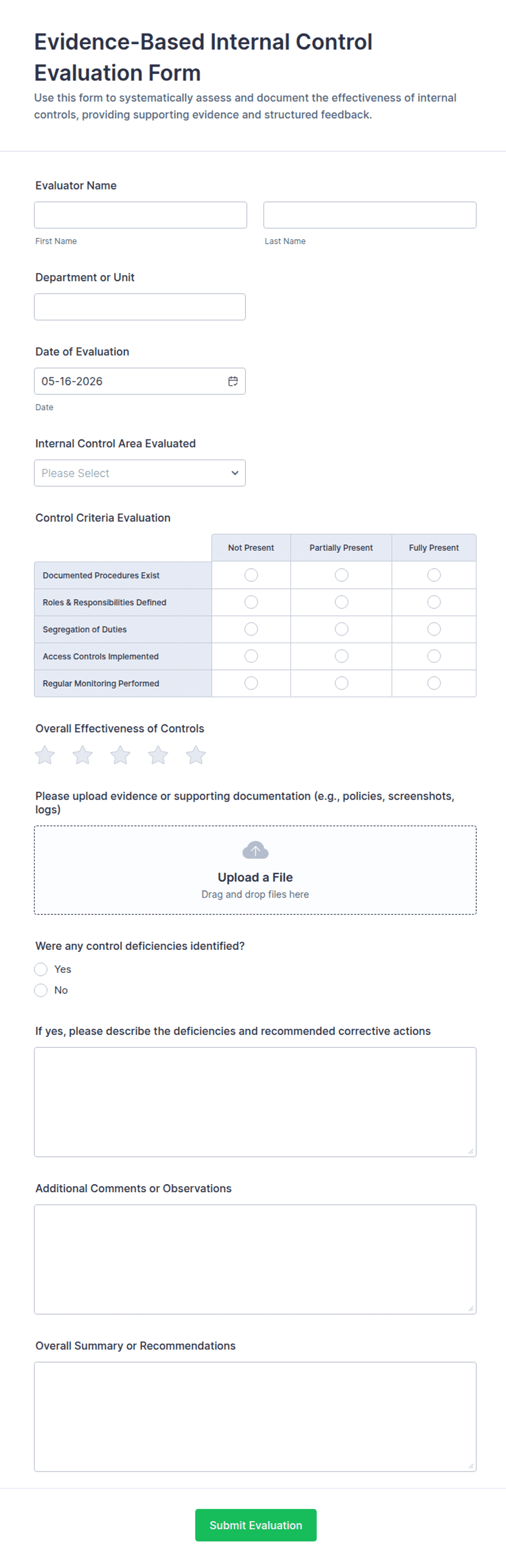 Internal Chart Review Form Example Evidence-Based Internal Control Evaluation Form Template | Jotform