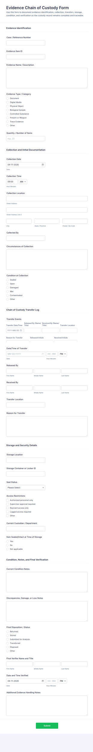 Evidence Chain Of Custody Form Template