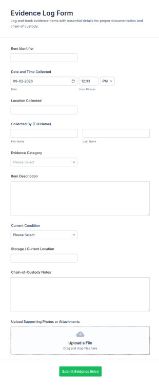 Evidence Log Form Template
