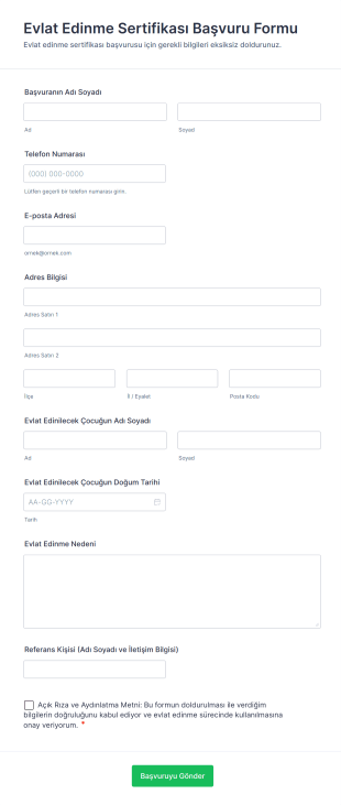 Evlat Edinme Sertifikası Başvuru Form Şablonu