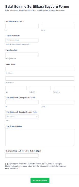 Evlat Edinme Sertifikası Başvuru Form Şablonu
