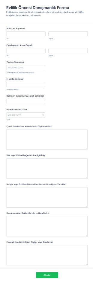 Evlilik Öncesi Danışmanlık Form Şablonu