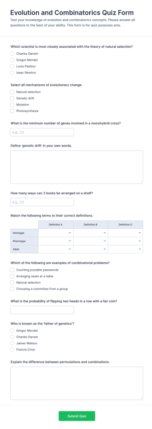 Evolution And Combinatorics Quiz Form Template