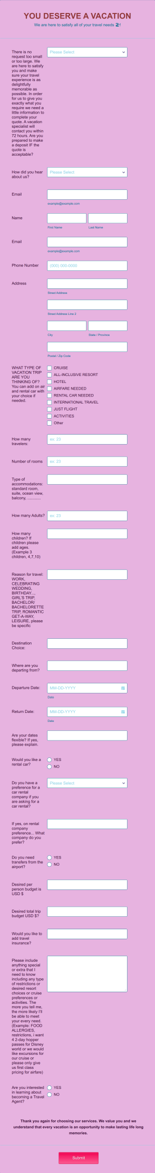 Prospective Travel Client Vacation Form Template