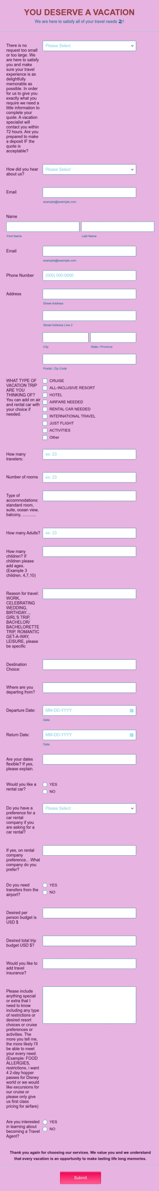 Prospective Travel Client Vacation Form Template
