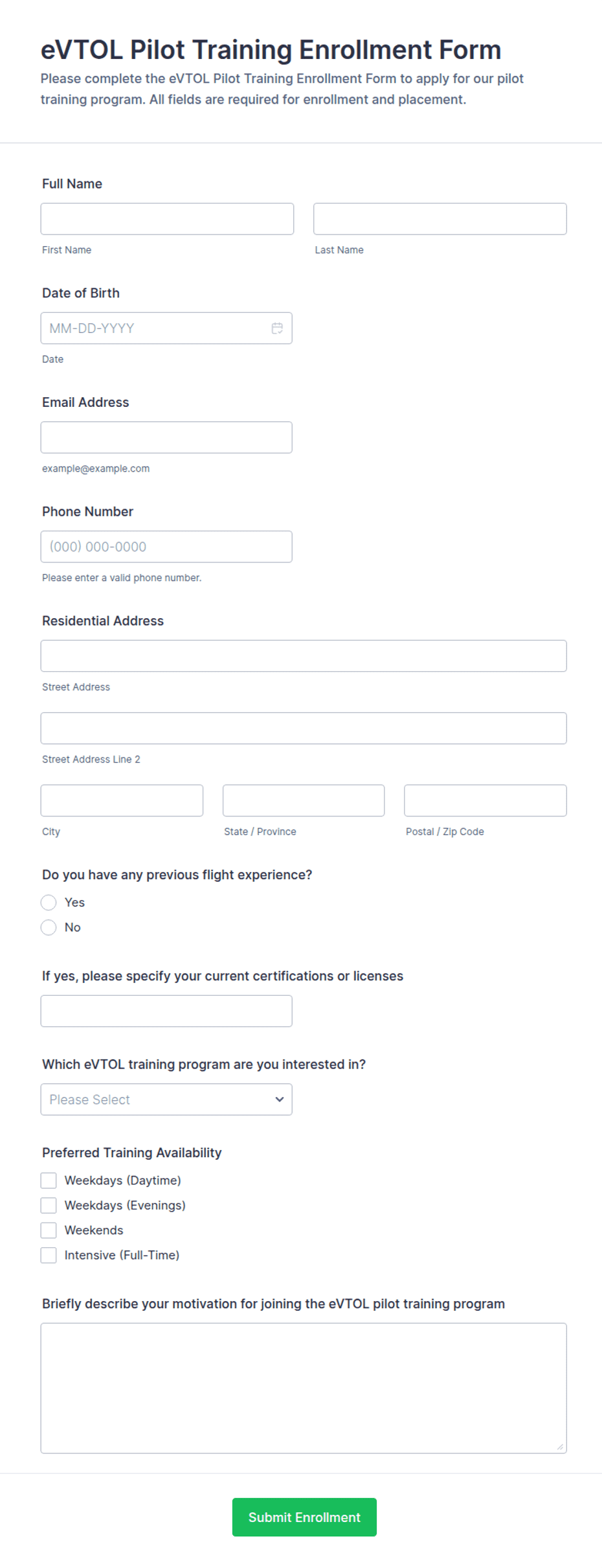 eVTOL Pilot Training Enrollment Form Template | Jotform